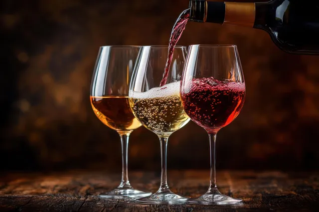 Three wine glasses on rustic wood with red wine poured in, amber and white visible