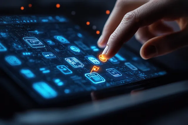 Hand Tapping Compliance Icon on Digital Governance Touchscreen Interface