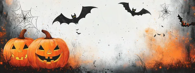 Two glowing jack-o-lantern pumpkins smile as bats fly around spider webs over dark grassy ground.