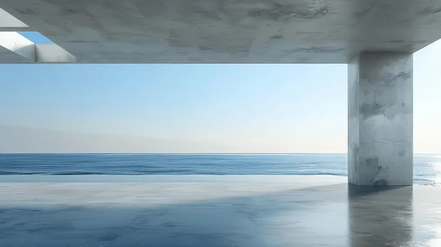 Concrete interior-like space with pillars and a wide sea horizon visible beyond an opening in a minimalist render.