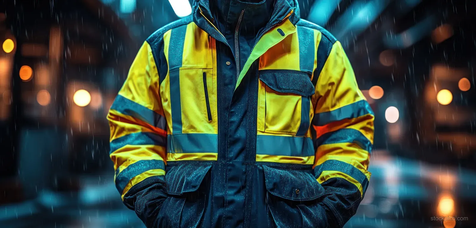 High-visibility work shirt with reflective strips in bright green and deep blue displayed against a blurred night city backdrop.