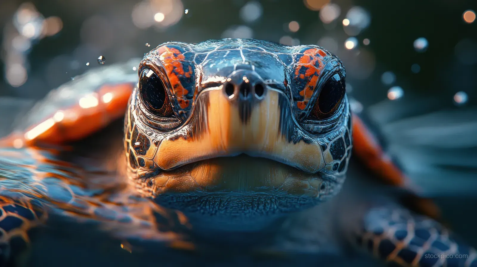 A sea turtle close-up underwater, showing its shell markings and expressive face through turquoise water.