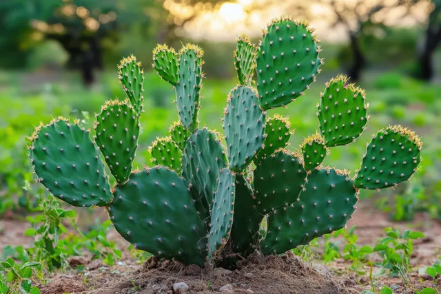 Green prickly pear cactus sprouting from dry soil under soft late-afternoon sunlight