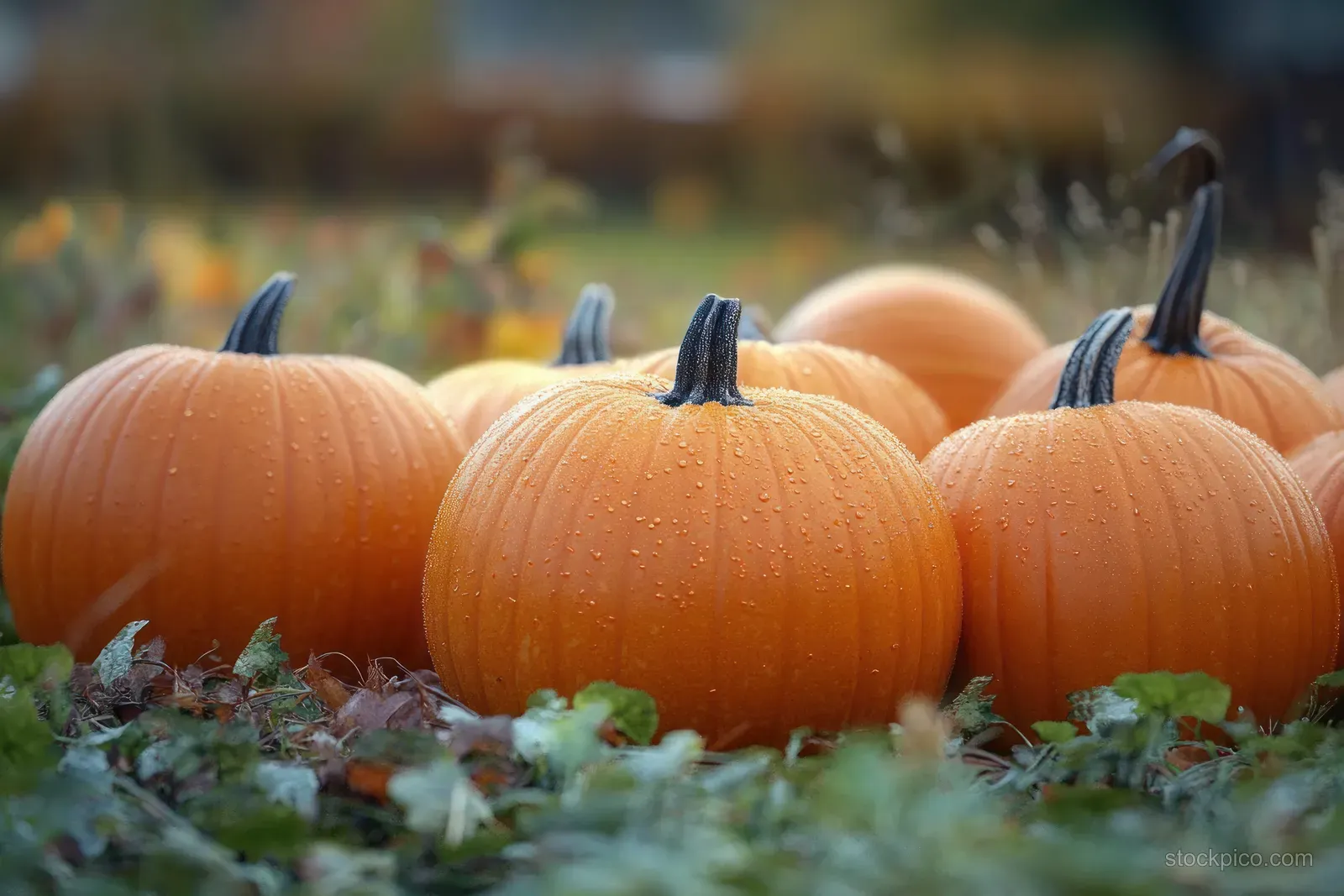 Orange pumpkins with dew droplets sit on mossy ground among surrounding garden vegetation outdoors in daylight.