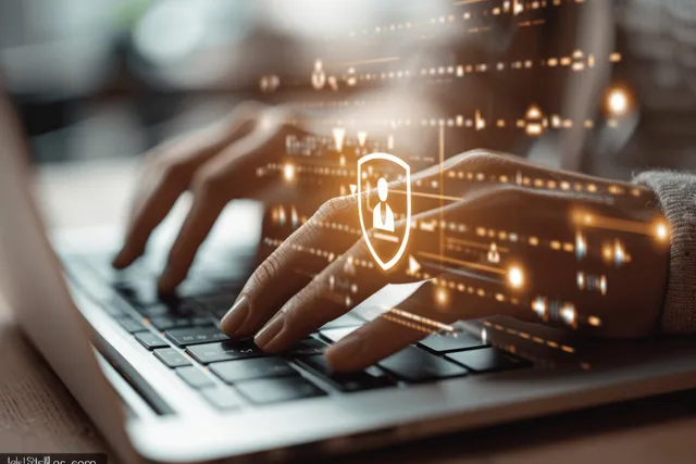 Hand typing on laptop keyboard while holographic lock shields sensitive data online