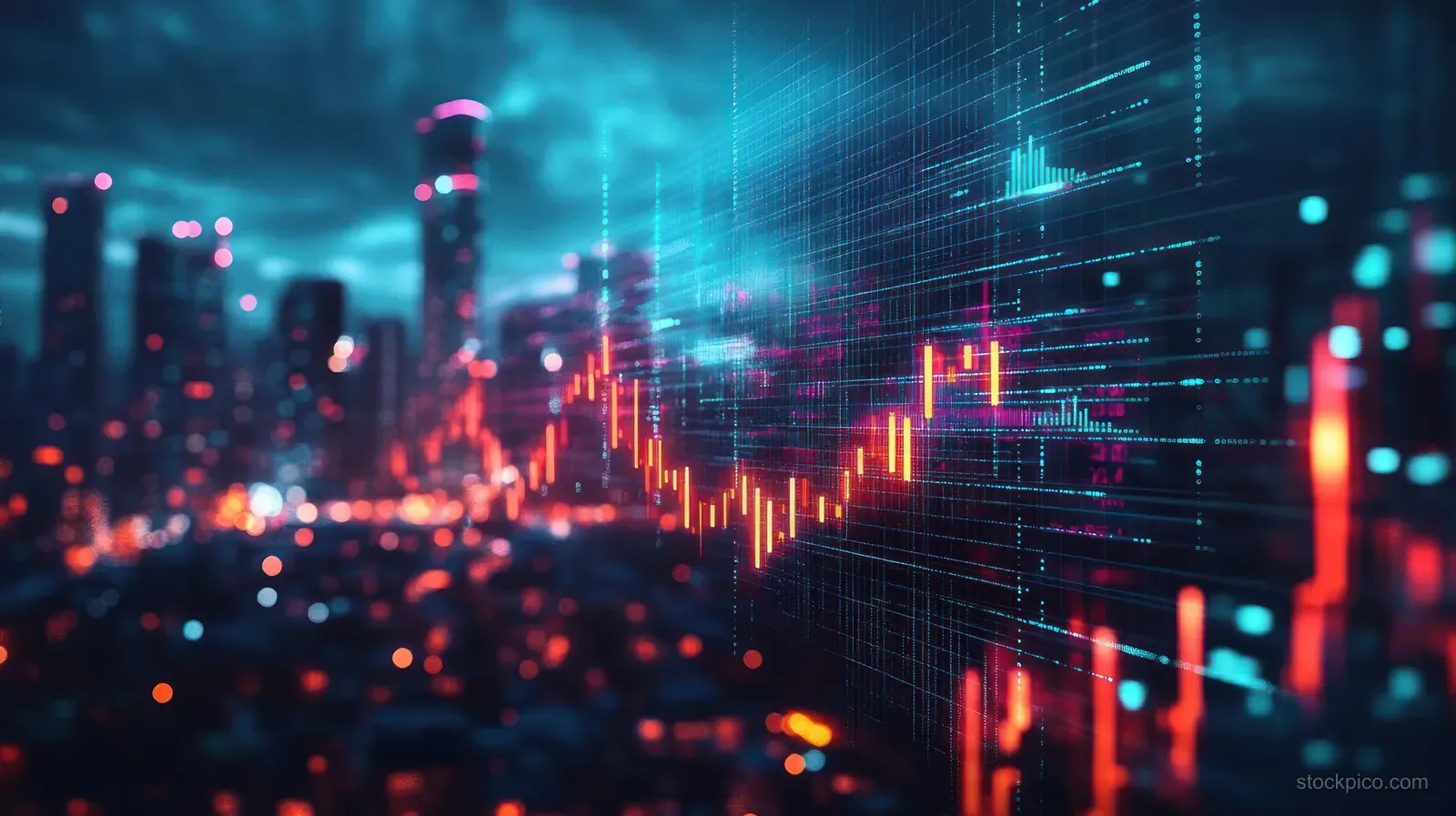 Neon growth graph lines and data overlays hover above a blurred futuristic city skyline at night.