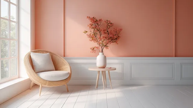 Peach and white minimalist living room corner with cozy armchair and side table