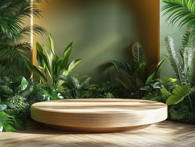 Pedestal redondo de madera colocado en una escena selvática minimalista con hojas tropicales y sombras suaves.
