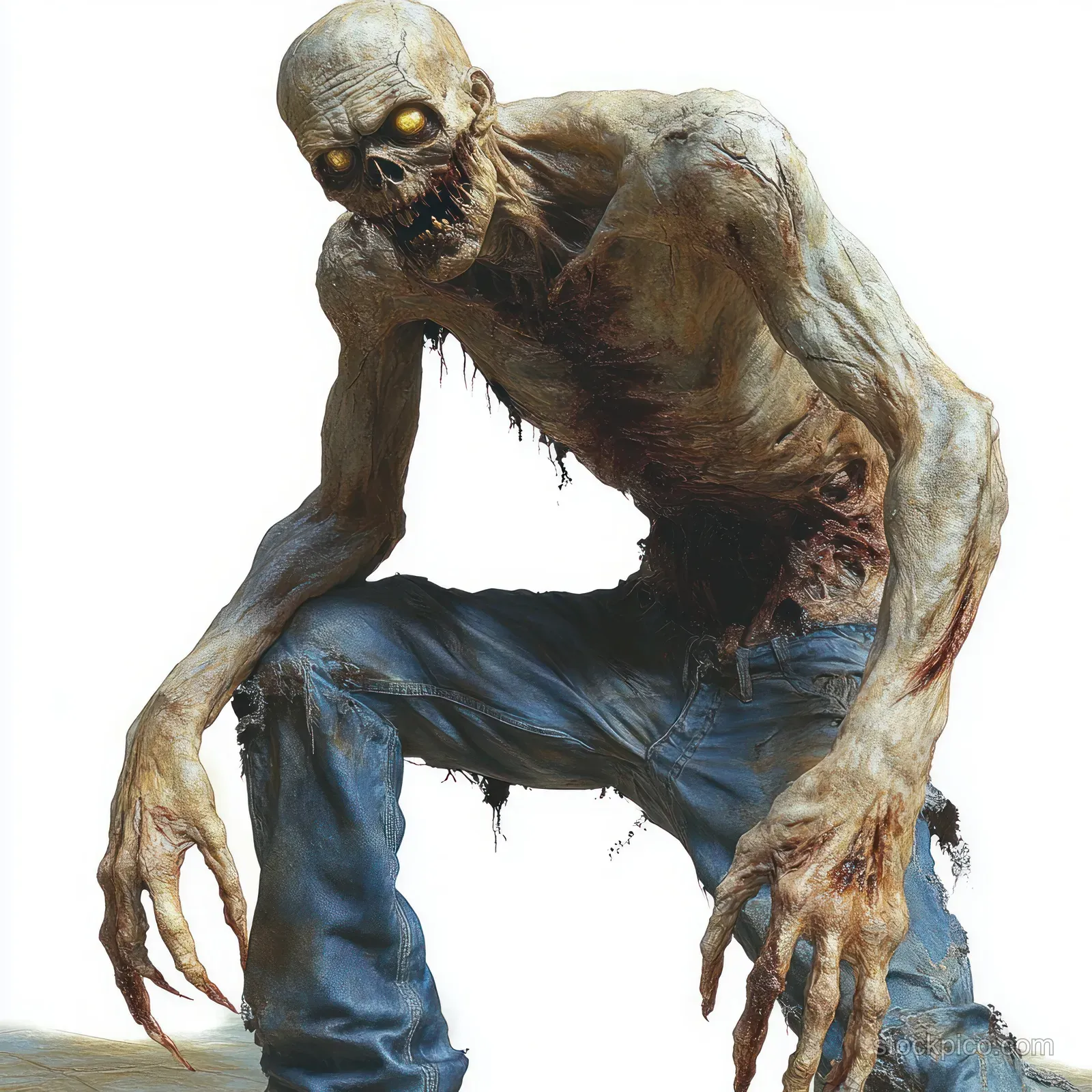 A crouching emaciated zombie with glowing yellow eyes and torn blue jeans shows skeletal, rotting flesh.
