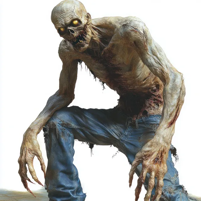 A crouching emaciated zombie with glowing yellow eyes and torn blue jeans shows skeletal, rotting flesh.