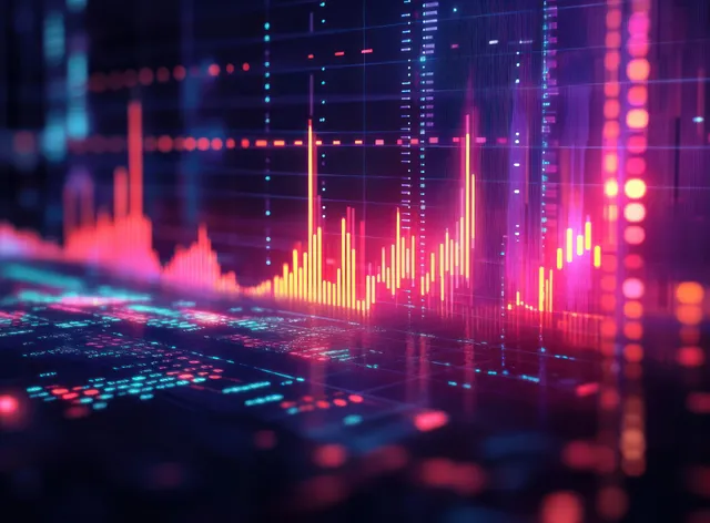 Neon trading chart rises on holographic screen with glowing volume bars and indicators