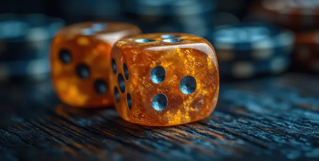 Two amber dice with blue dots sit on a dark wooden surface.