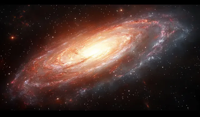 A glowing spiral galaxy with swirling arms, bright dust lanes, and scattered stars in deep space.