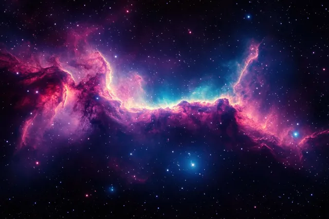 Purple and pink nebula clouds glow in deep space with scattered blue stars across a dark background.