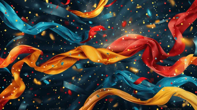 Yellow, red, and green ribbons flow across a dark background with confetti sparks for a Juneteenth banner.
