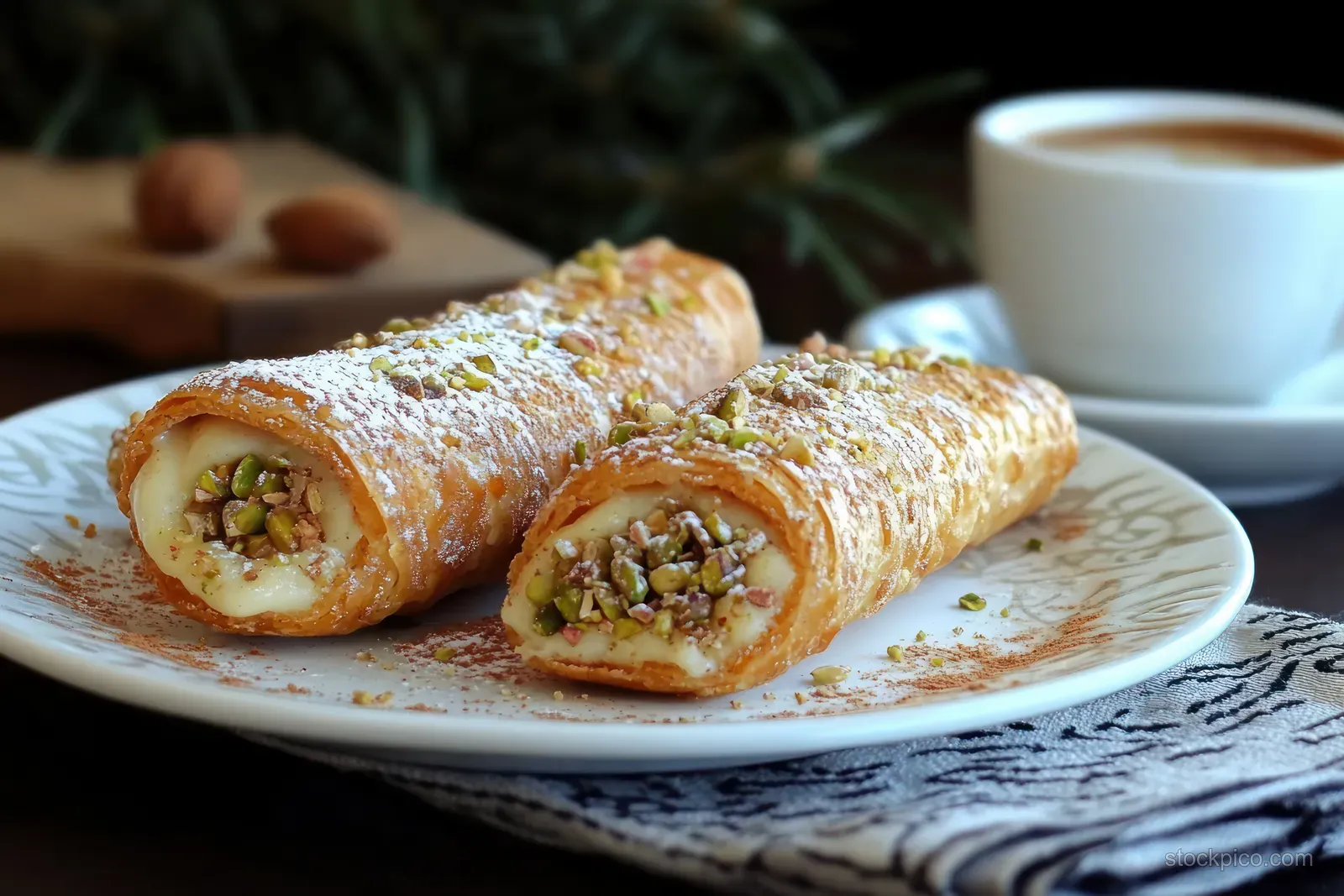 Pistachio cream cannoli rolls on a white plate with powdered sugar and an espresso cup in the background.