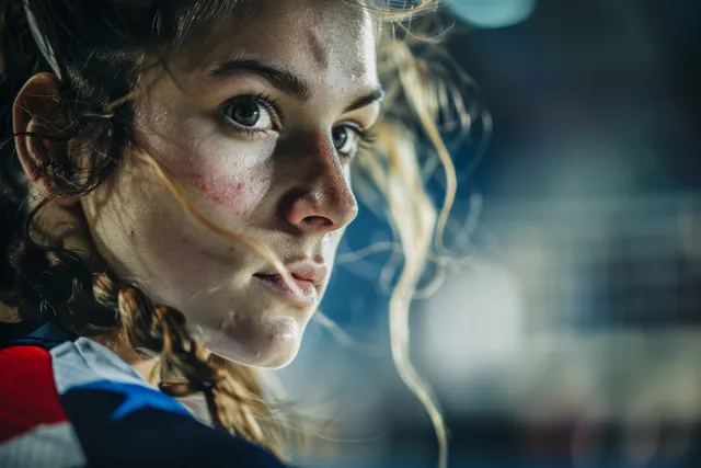 Female handball player in close-up intensity, sweat and braid details during match