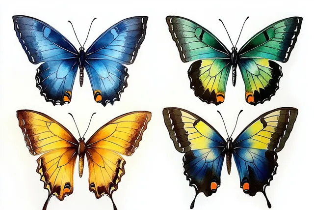 Four butterflies with symmetrical blue, green, yellow, and orange wings arranged on a white background.
