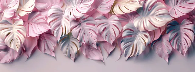 Layered light pink monstera leaves with sculpted texture on a soft pastel background.