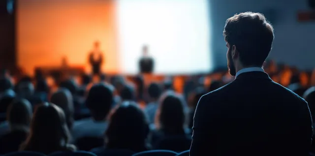 A speaker seen from behind addresses a crowded conference audience in a dim meeting room.