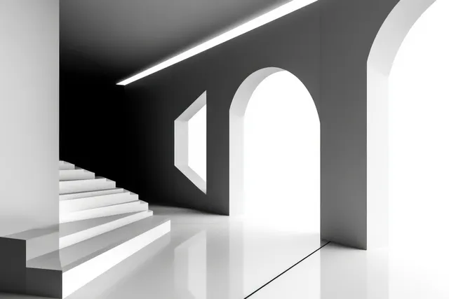 Black and white geometric interior corridor with arched cutouts and glowing linear light