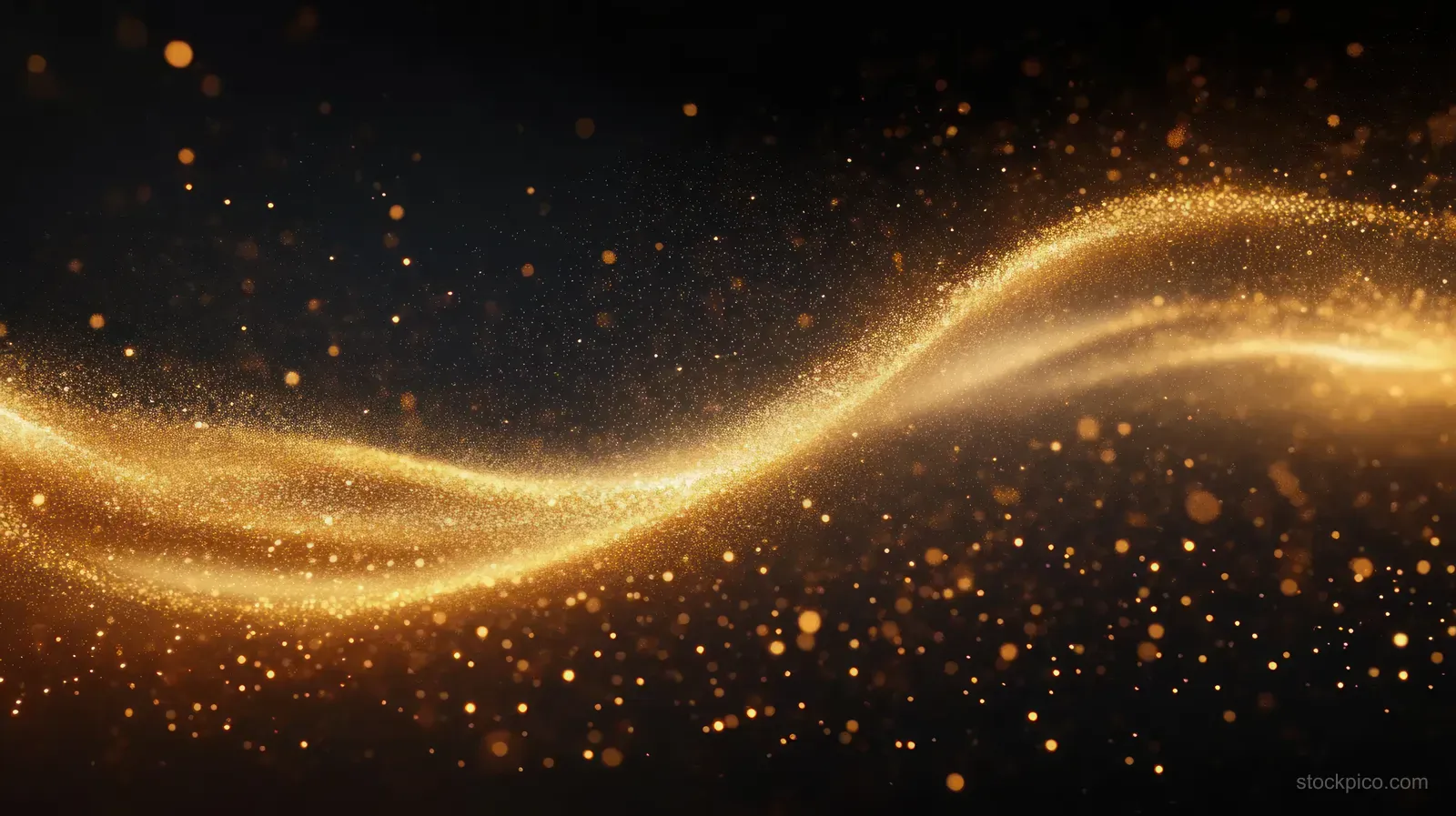 Golden dust wave curves across a dark background, scattering glowing particles into the air.