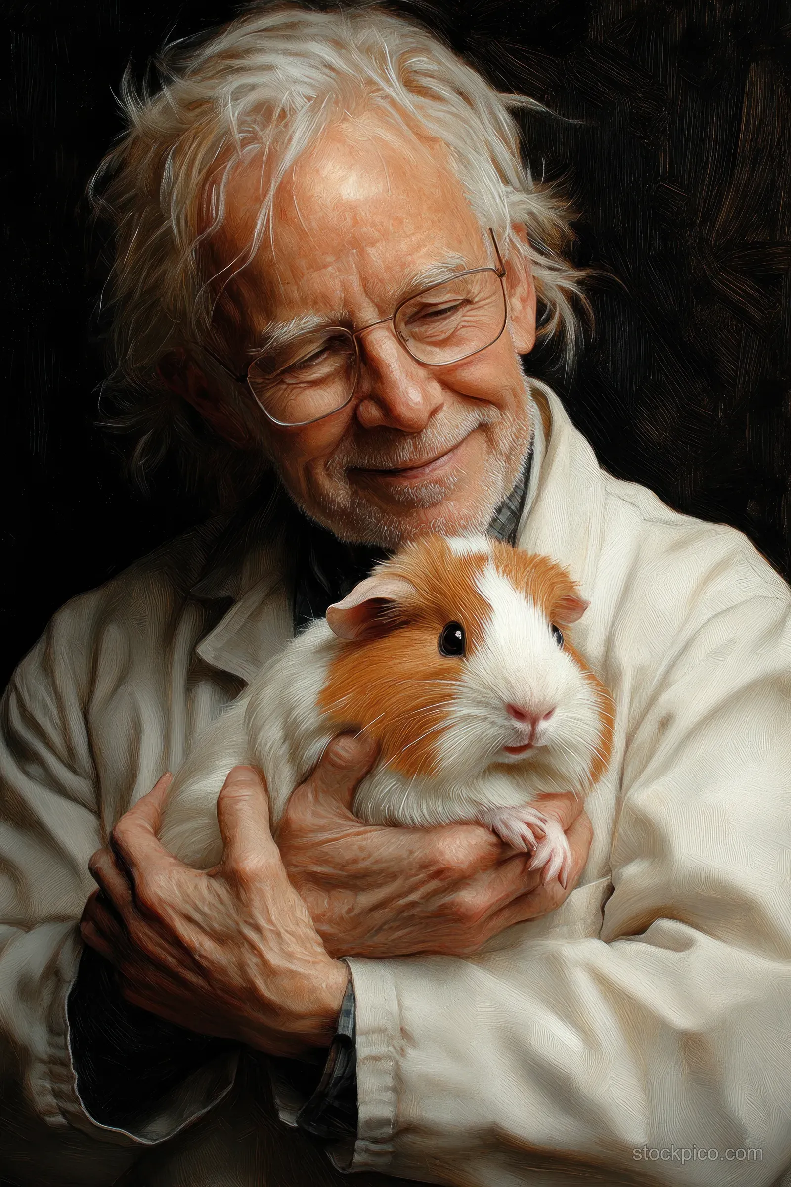 A veterinarian holding a guinea pig for a veterinary exam in a clinic with a gloved hand.