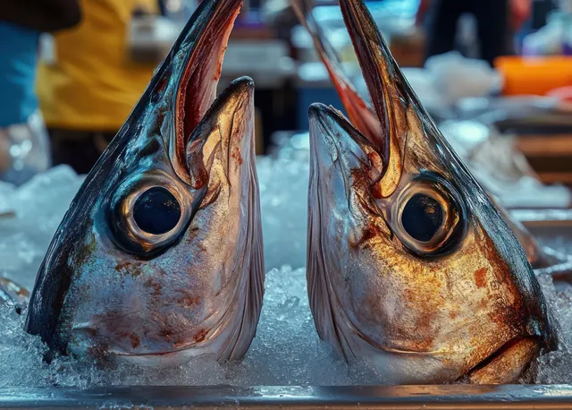 Two fish heads with open mouths rest on crushed ice at a seafood market counter.