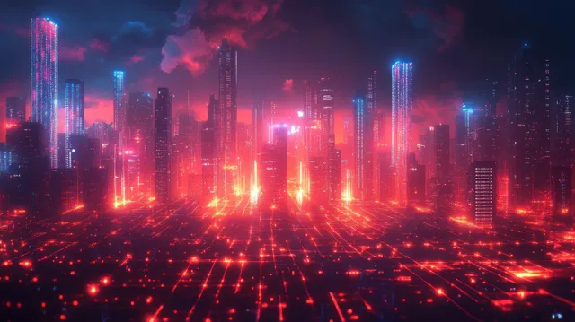 Neon skyscrapers and illuminated grid streets glow under a dramatic red and blue night sky with swirling clouds.
