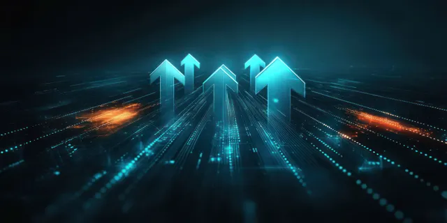 Glowing upward arrows float above a blue and orange digital data grid with dotted network lines.