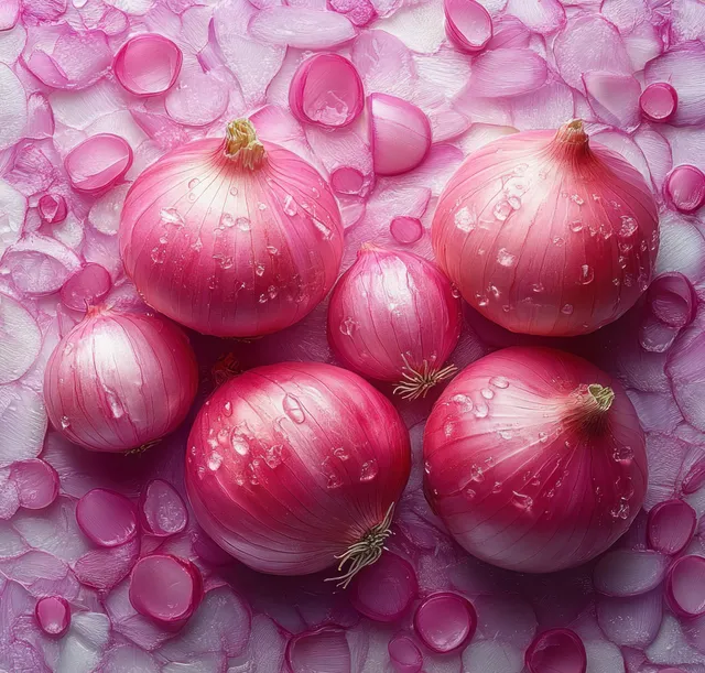Whole and sliced red onions in a minimalist top-view arrangement with water droplets on a pale background.