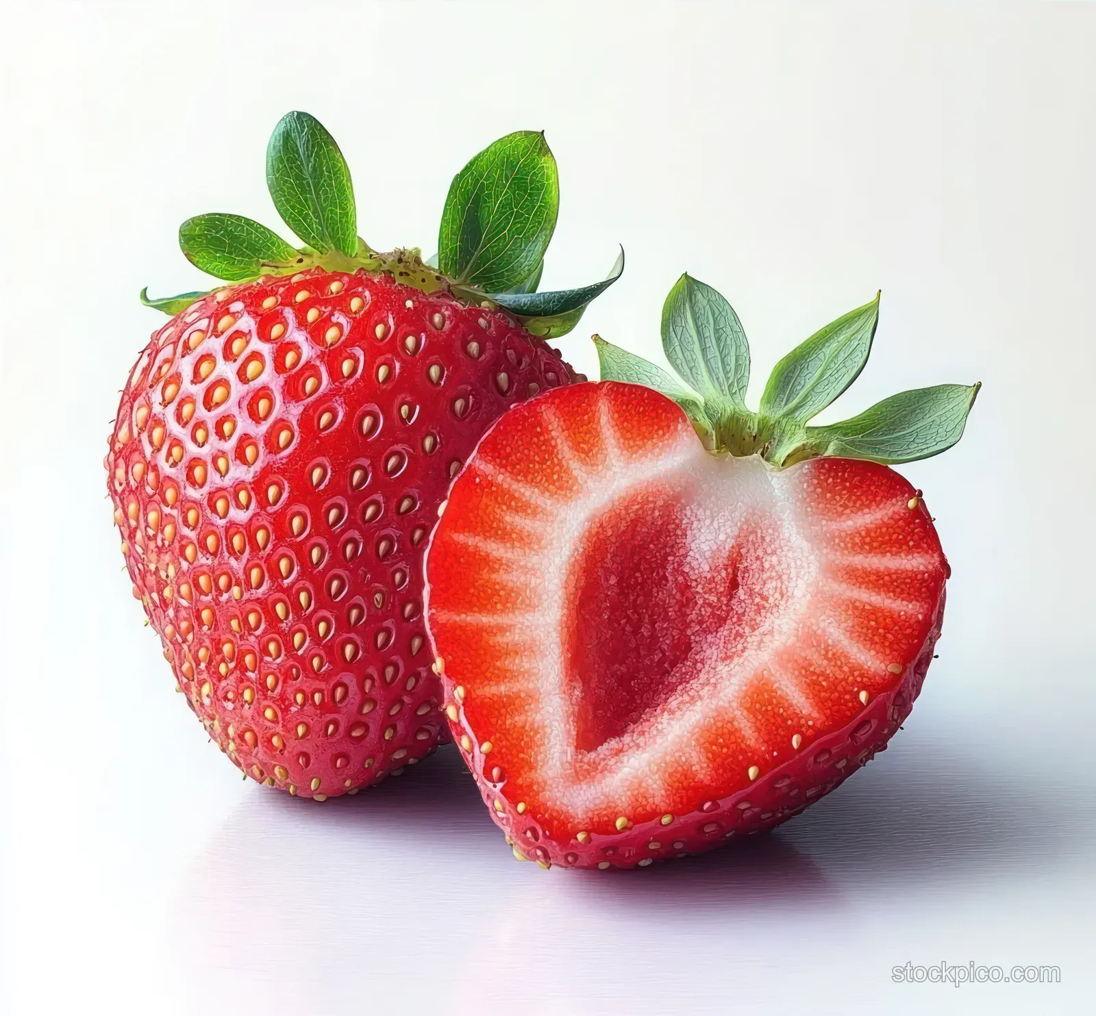 Whole ripe strawberry and a half strawberry with visible red interior and green leaves on a white background.