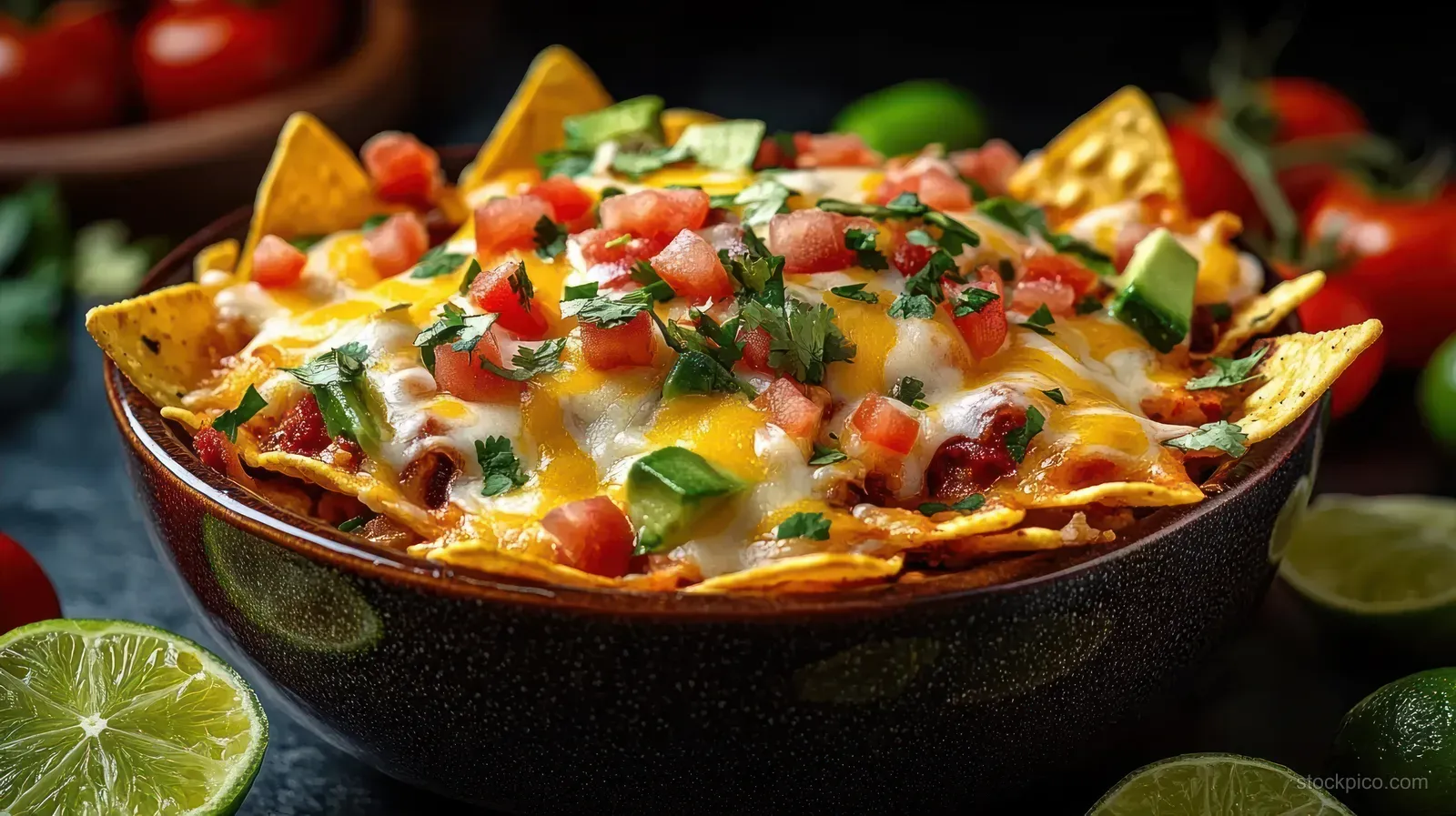 Loaded nachos in a bowl, topped with melted cheese, tomatoes, cilantro, avocado, and lime wedges on a dark background.