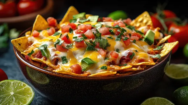 Loaded nachos in a bowl, topped with melted cheese, tomatoes, cilantro, avocado, and lime wedges on a dark background.