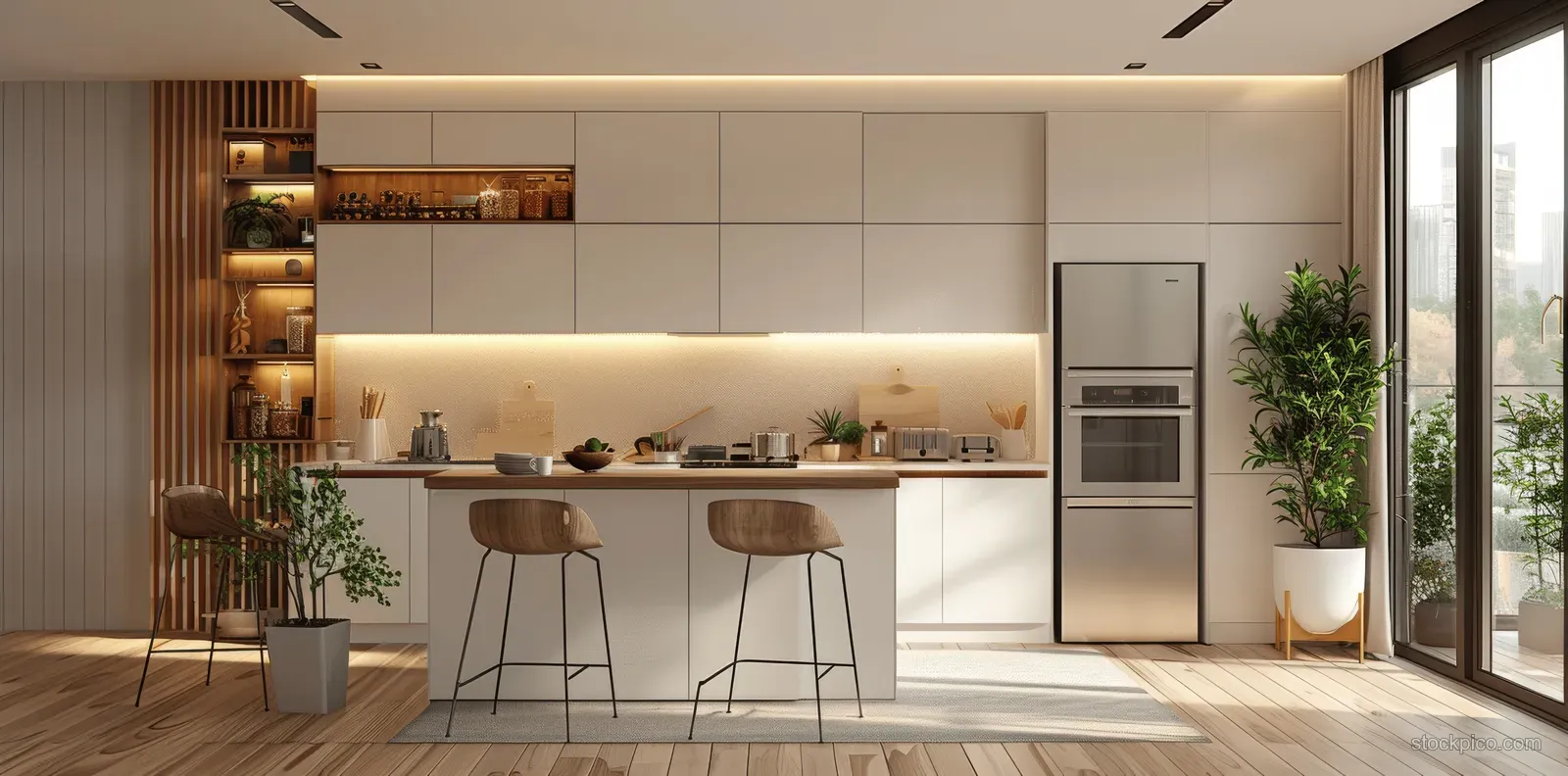 Minimalist white kitchen with island bar stools, built-in refrigerator, beige walls, and warm wooden flooring by large windows.