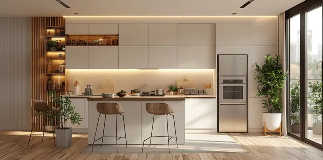 Minimalist white kitchen with island bar stools, built-in refrigerator, beige walls, and warm wooden flooring by large windows.