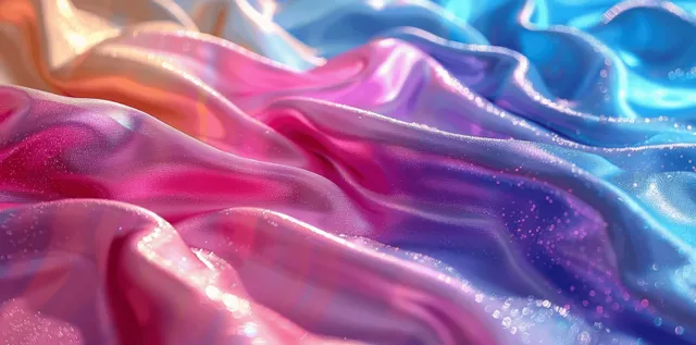Iridescent rainbow foil waves shimmer over a pastel holographic marble swirl background.