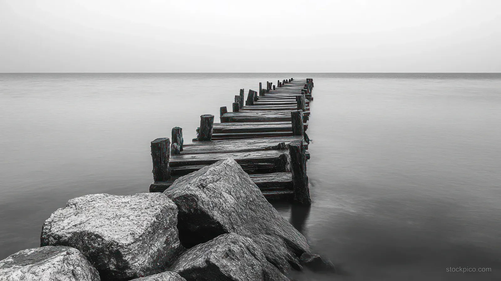 A monochrome wooden pier stretches into still ocean water with large rocks in the foreground under a smooth sky.