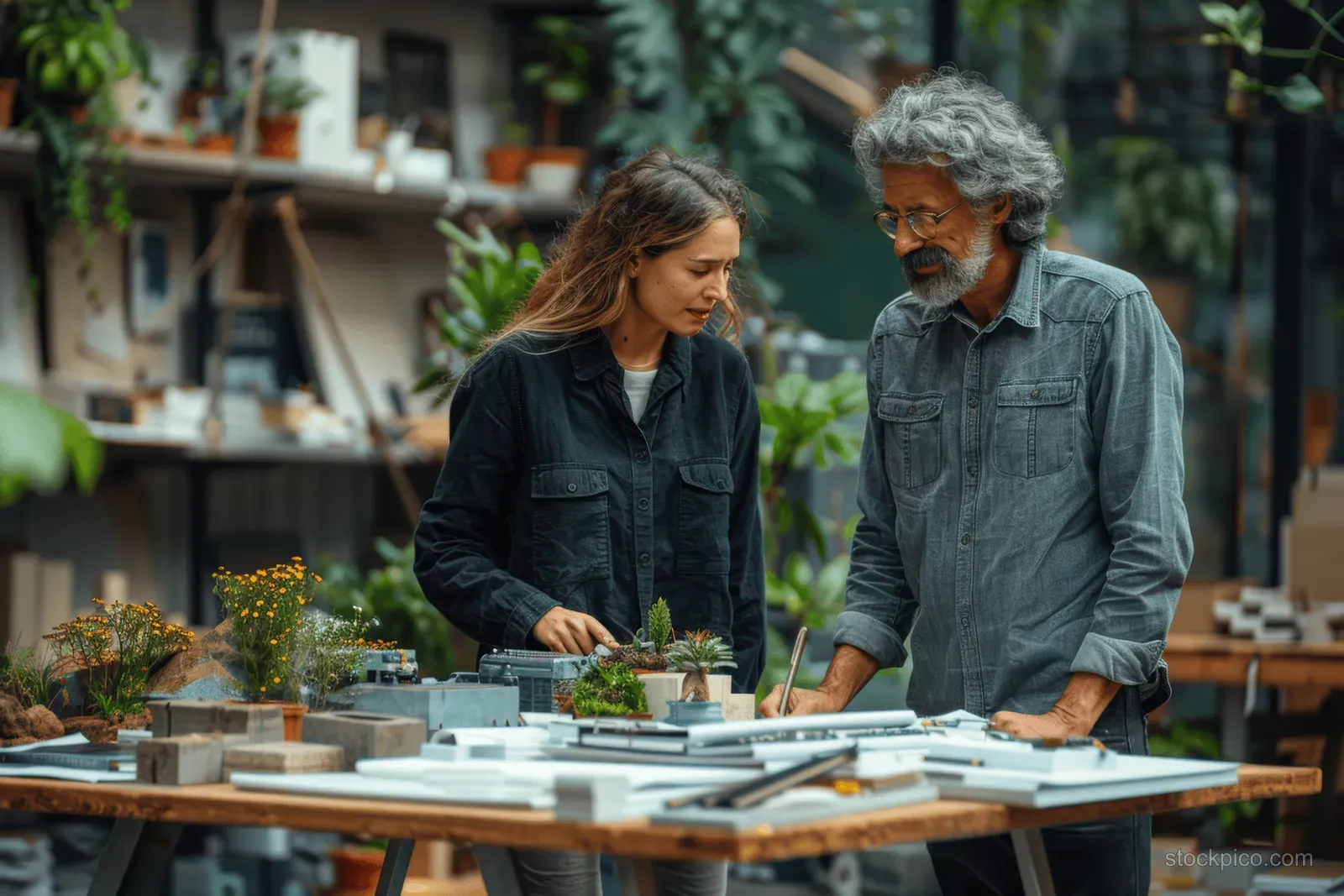 Two architects discuss blueprints at a table in a modern office surrounded by plants and layout tools.