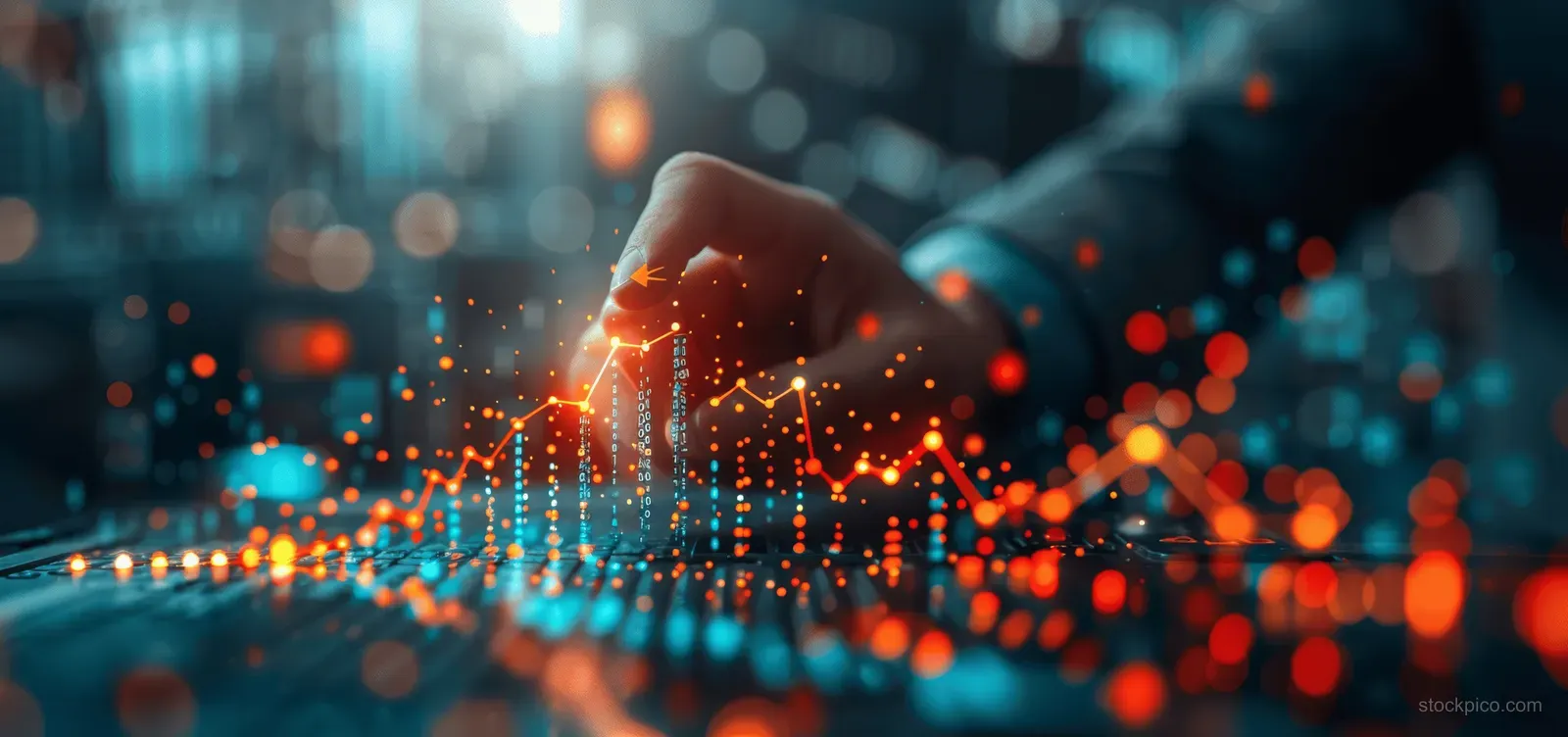 A hand touches a glowing investment chart with an upward trend over blurred digital finance data.