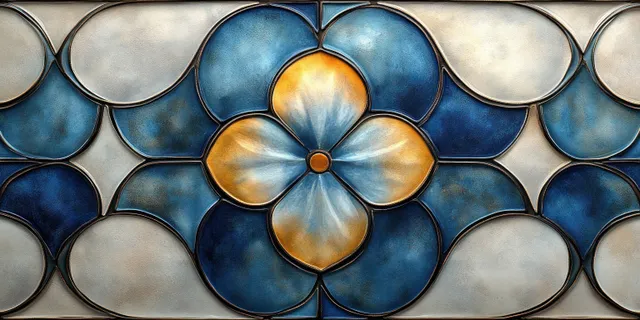 Art deco geometric tile mural with blue flower center and curved border in beige grout