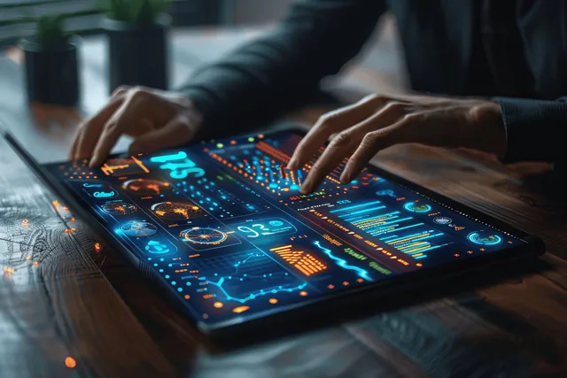 Businessman tapping a tablet dashboard with analytics charts and glowing data graphics at office desk