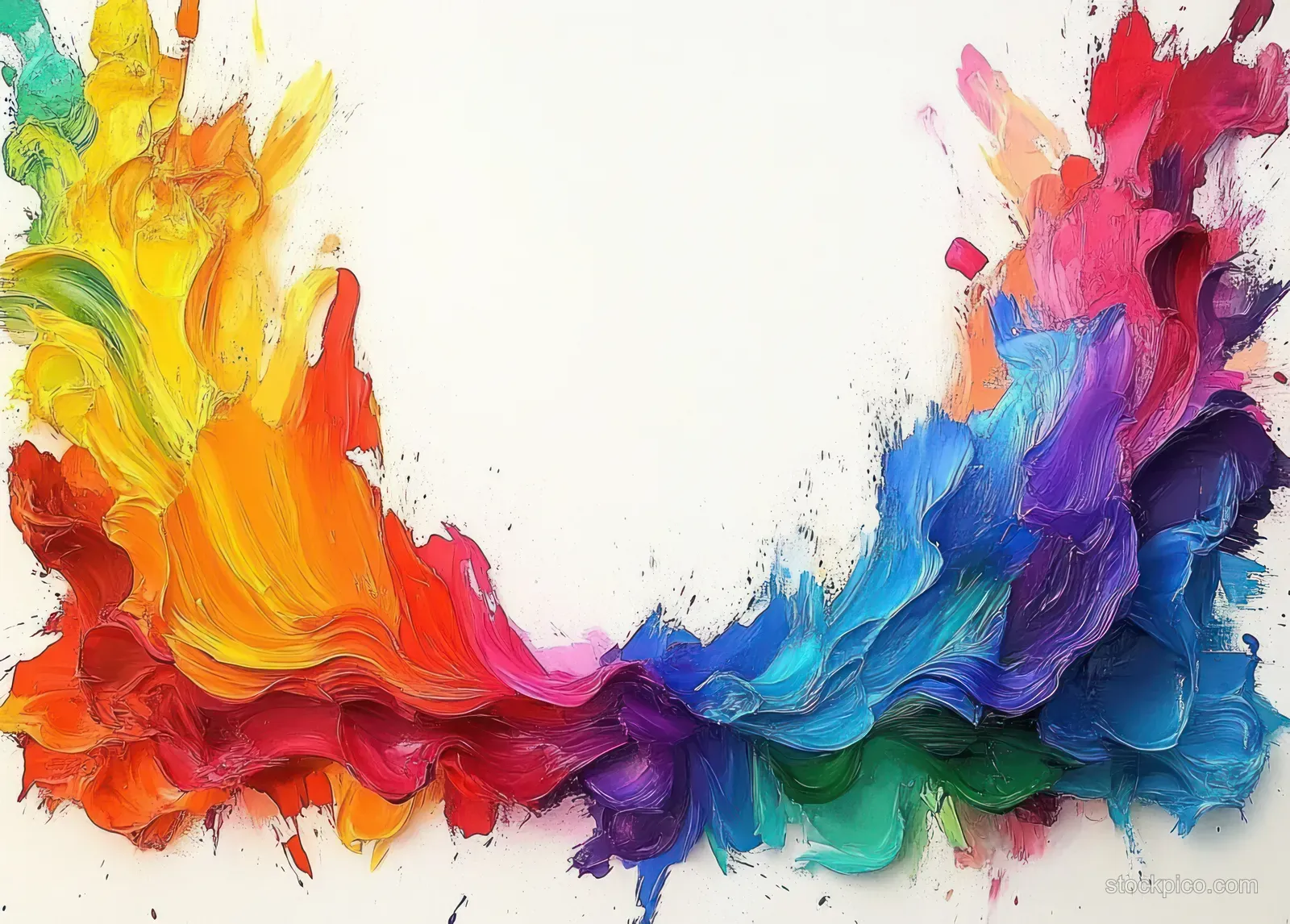 Thick impasto abstract paint swirls in yellow, orange, pink, blue, and purple splash across a white background.