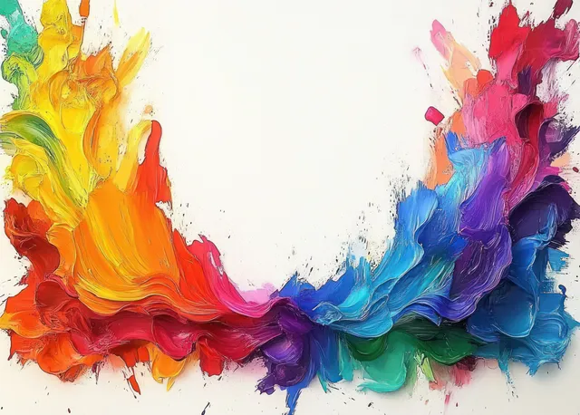 Thick swirling abstract paint ribbons in yellow, orange, blue, and purple on white