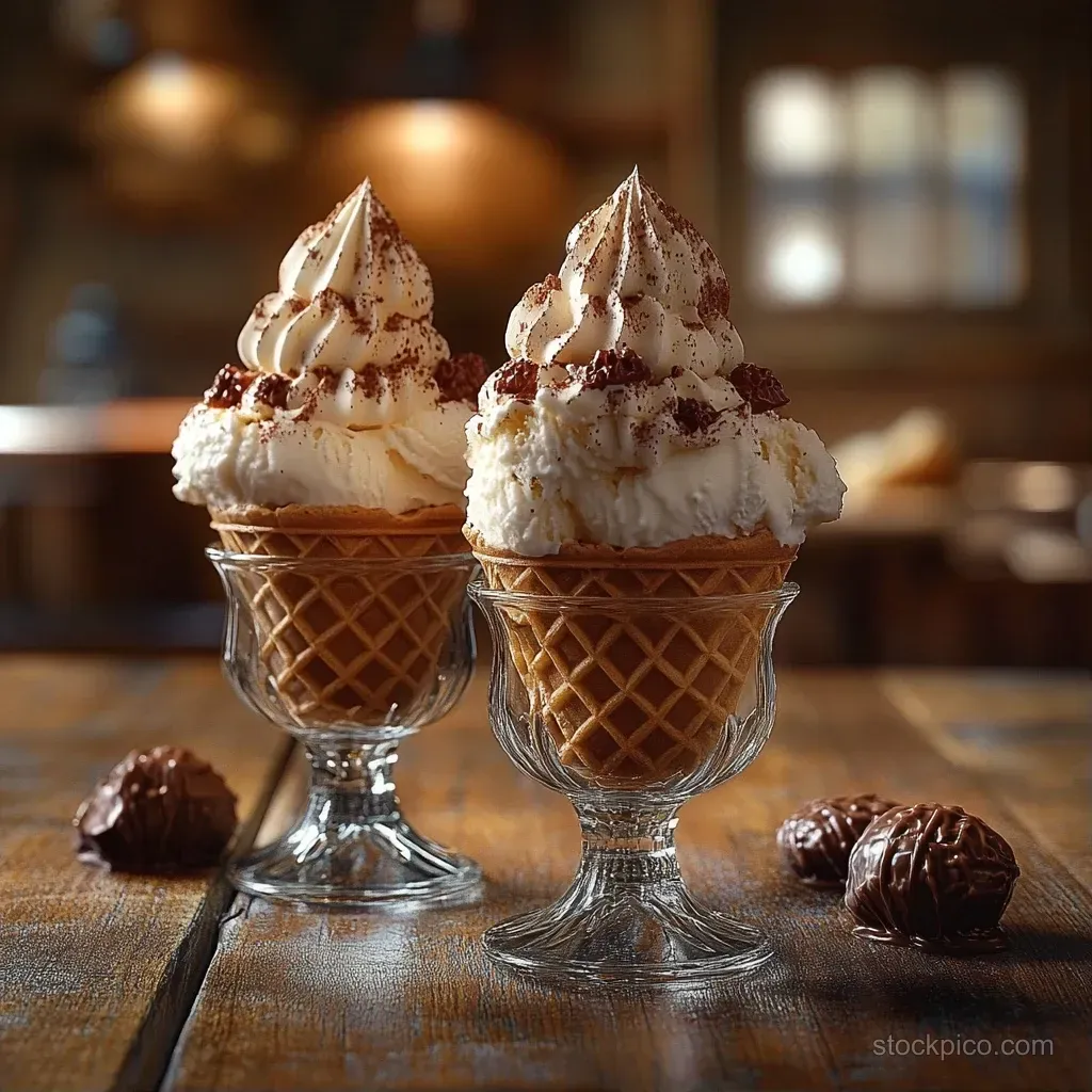 Two waffle cones of creamy ice cream in glass cups on a wooden table with chocolate truffles around them.