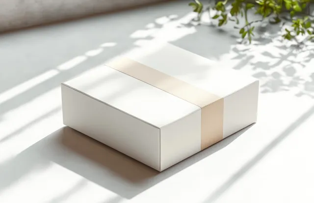 Minimal white cardboard shipping box with blank paper label on clean studio surface