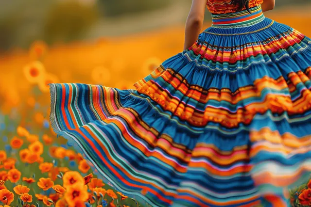 Mexican woman twirls colorful traditional skirt in orange flower field at sunset