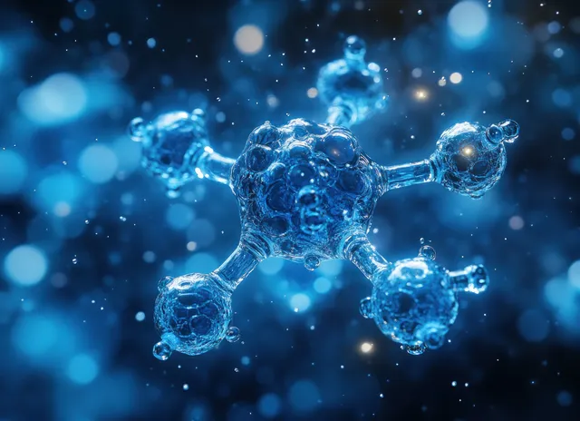 3D water molecule clusters float in a cool blue glowing liquid background.