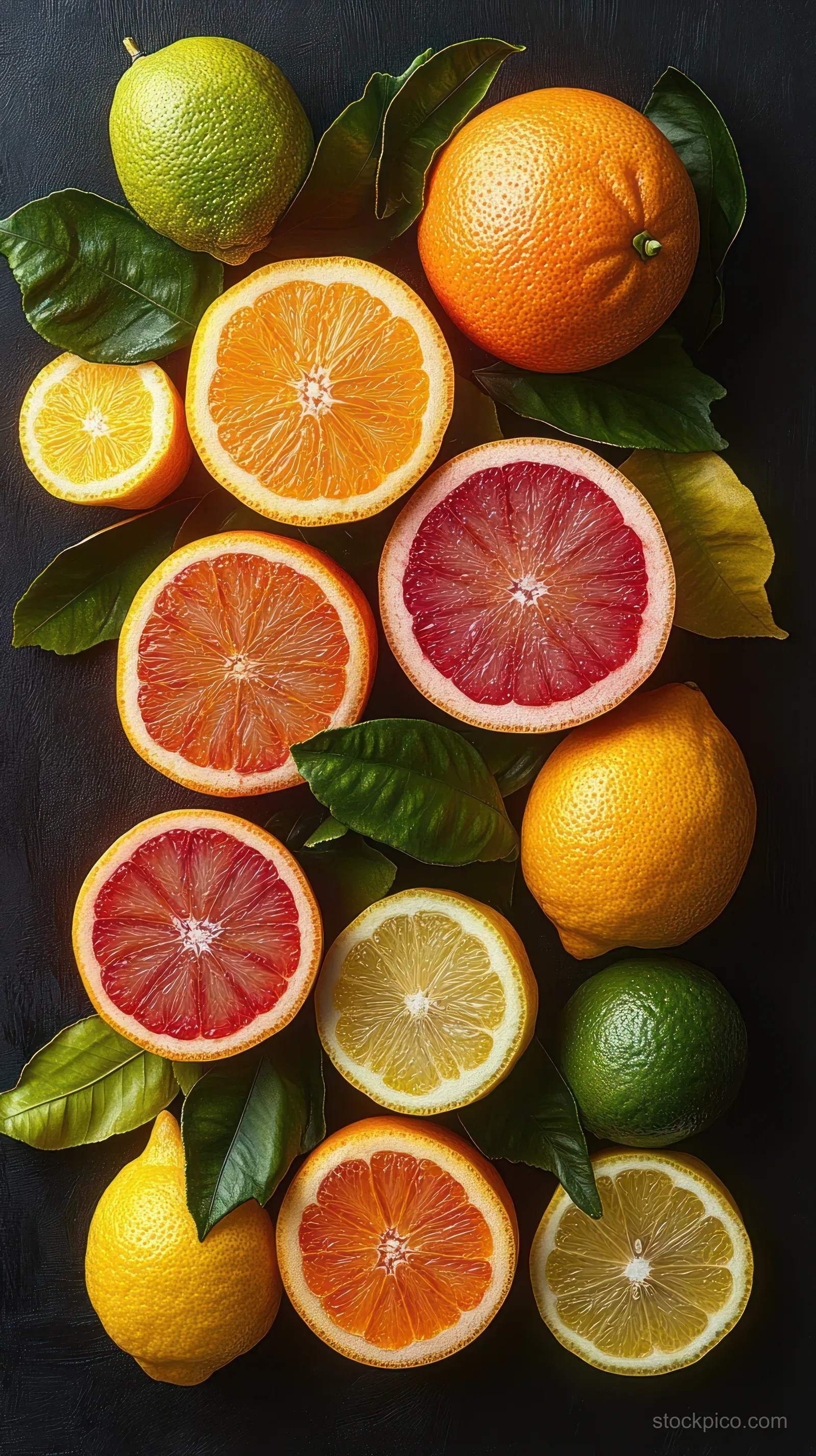 Whole and halved oranges, lemons, limes, and grapefruit with green leaves arranged on a dark background.