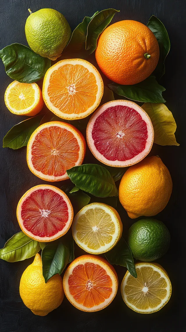 Whole and halved citrus fruits with leaves arranged on a dark background